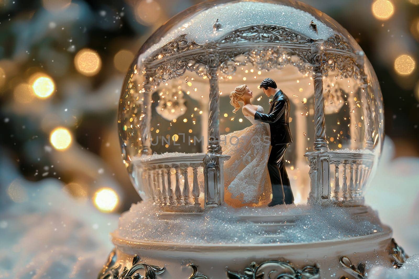 A delicate snow globe featuring a couple gracefully dancing beneath a lush, flower-adorned gazebo with twinkling lights. artfully crafted with swirling snow and intricate lace and floral patterns on the base, offering a serene winter enchantment.