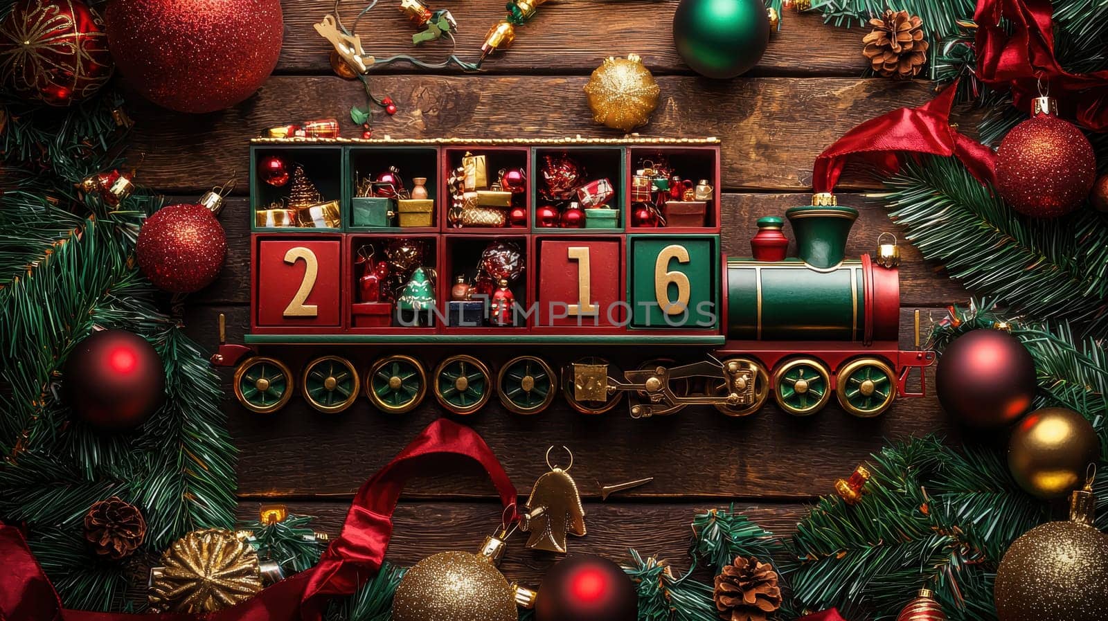Ornate advent calendar shaped like a train, featuring numbered compartments filled with holiday trinkets. displayed on a festive table adorned with garlands and ornaments, creating a warm and inviting holiday atmosphere.