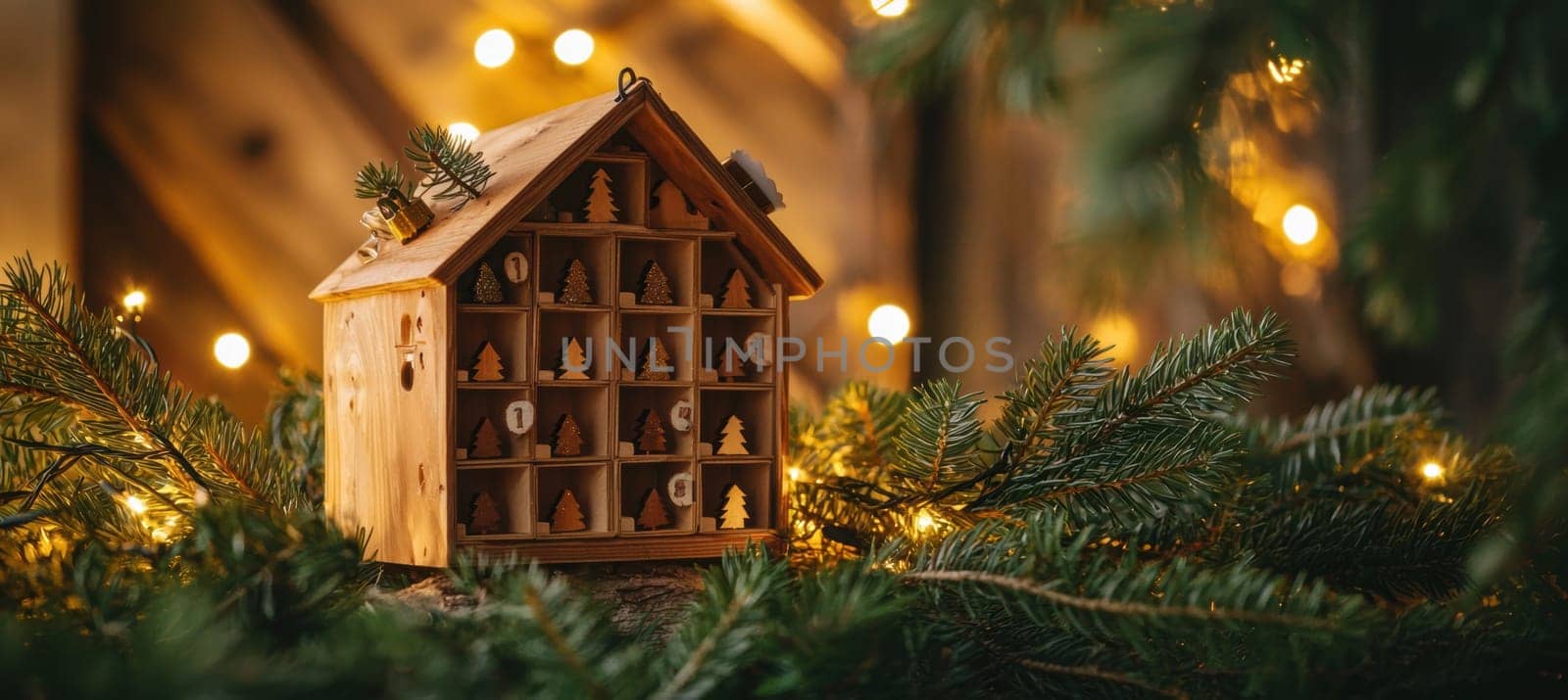 A charming rustic wooden advent calendar featuring tiny doors and compartments. it is set against a backdrop of natural pine branches, decorated with pinecones and illuminated by warm holiday lights, creating a cozy festive atmosphere.
