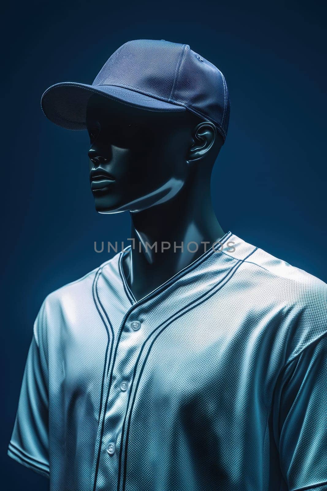 Mannequin wearing a branded baseball jersey stands in a professional studio setting. soft ambient lighting and a clean gradient background highlight logo placement on the jersey, creating an ideal setup for showcasing sports apparel.