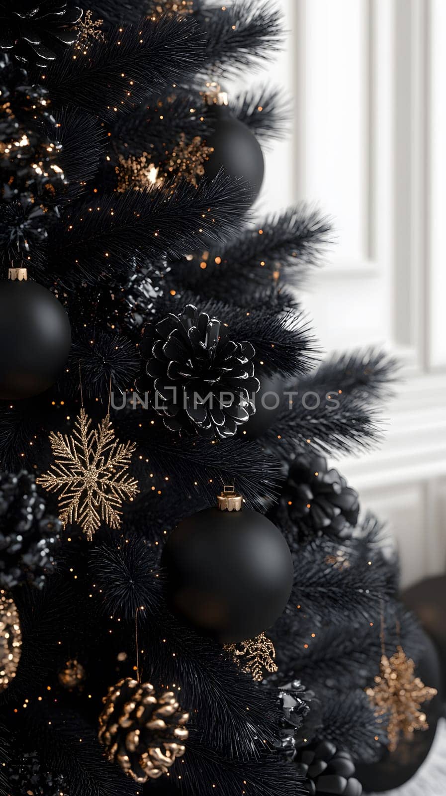 A stylish black Christmas tree adorned with gold and silver decorations.