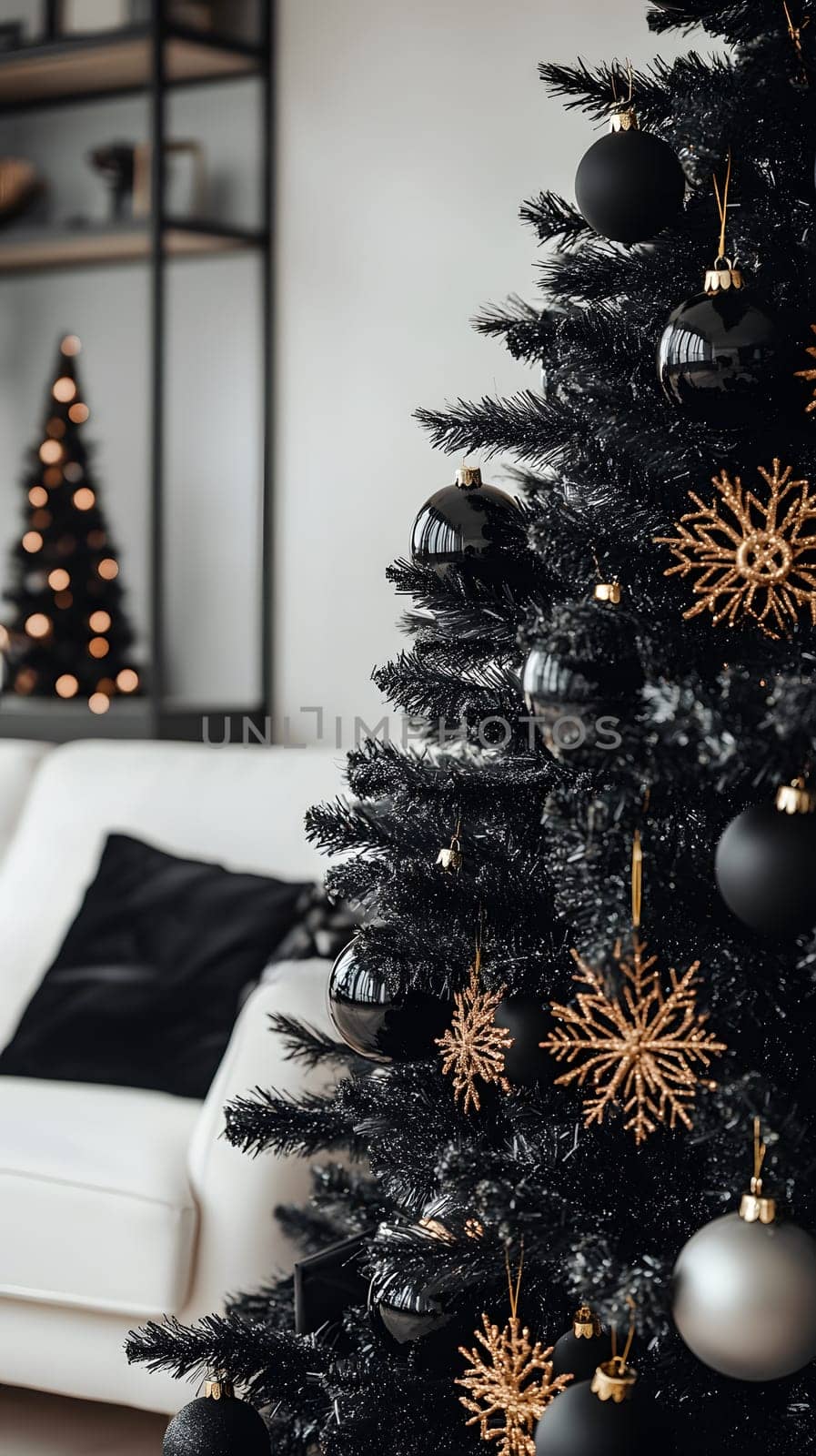 A stylish black Christmas tree adorned with gold ornaments in a cozy setting.