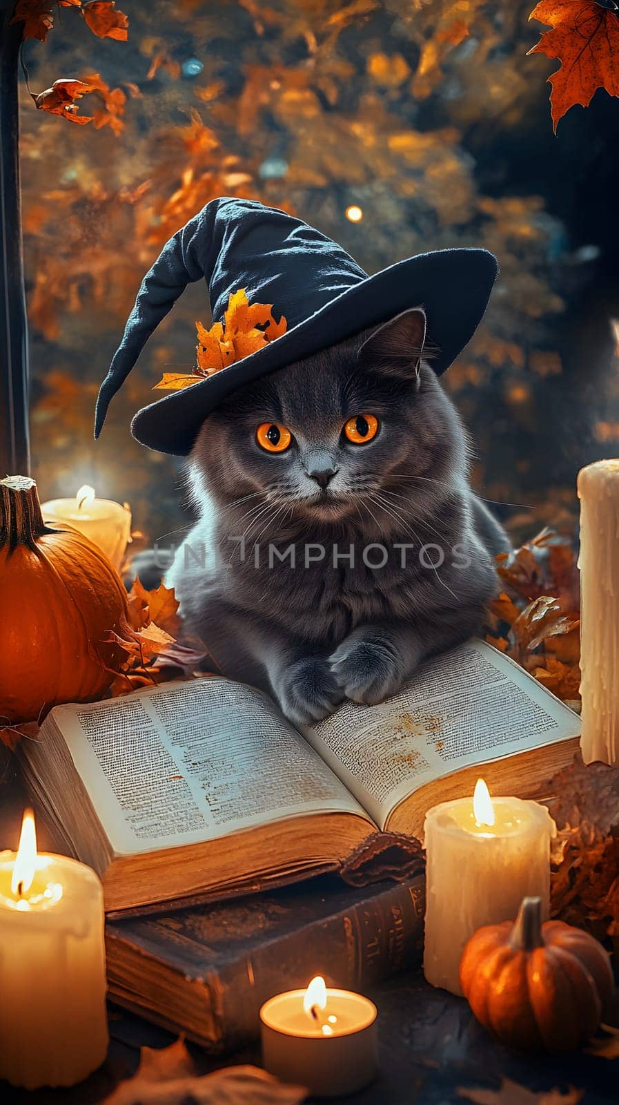 A whimsical cat in a witch hat surrounded by autumn decor and candles.