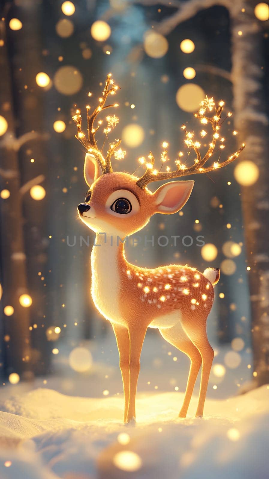 A whimsical deer illuminated by magical lights in a snowy forest.