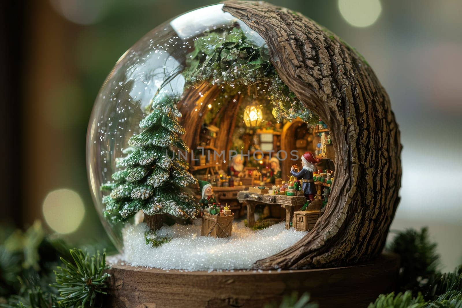 A charming snow globe featuring an enchanted elf workshop inside a hollow tree. glittering snow falls over the detailed toy-making scenes. the wooden base is embellished with intricate leaf patterns, adding a touch of festive magic.