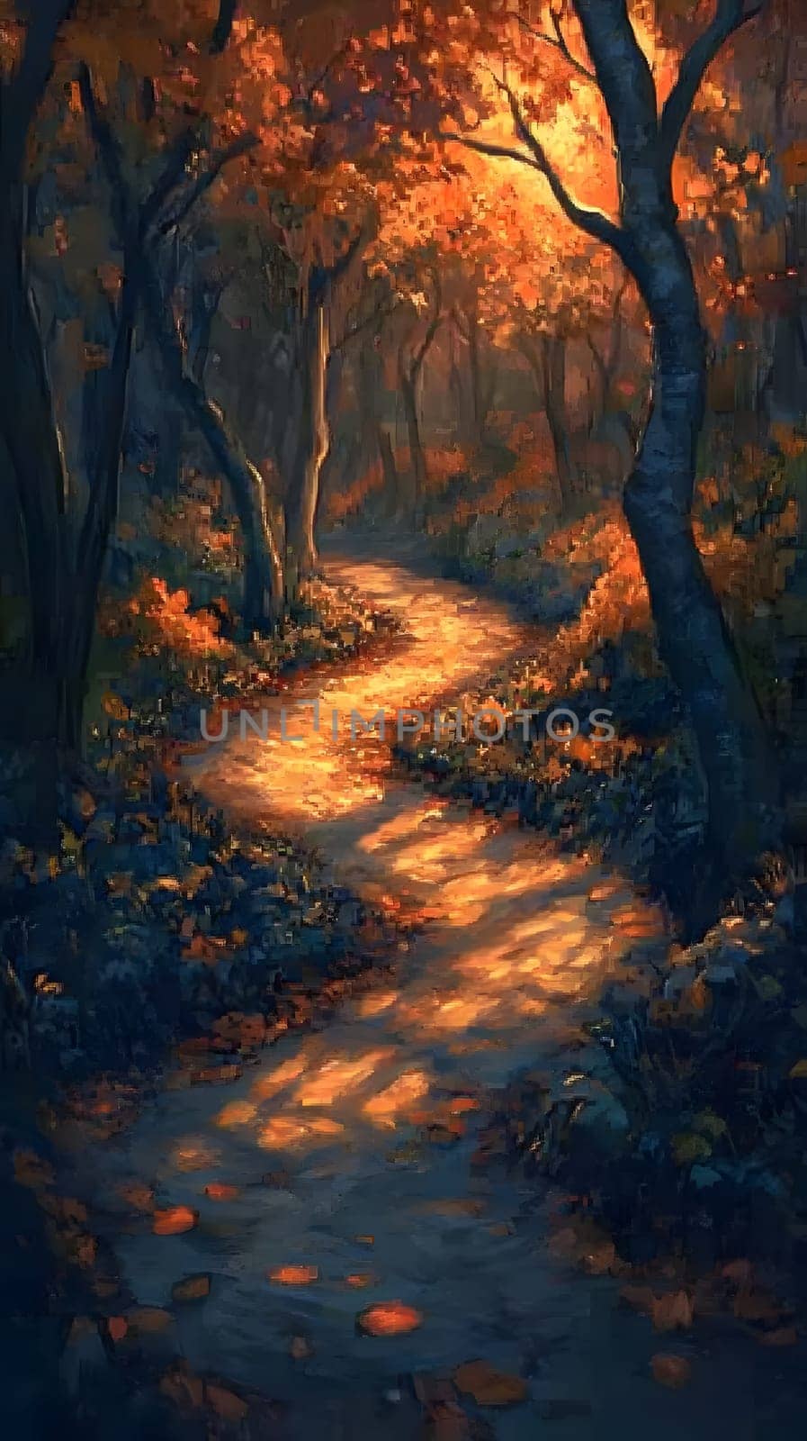 A winding path through a serene autumn forest at sunset.