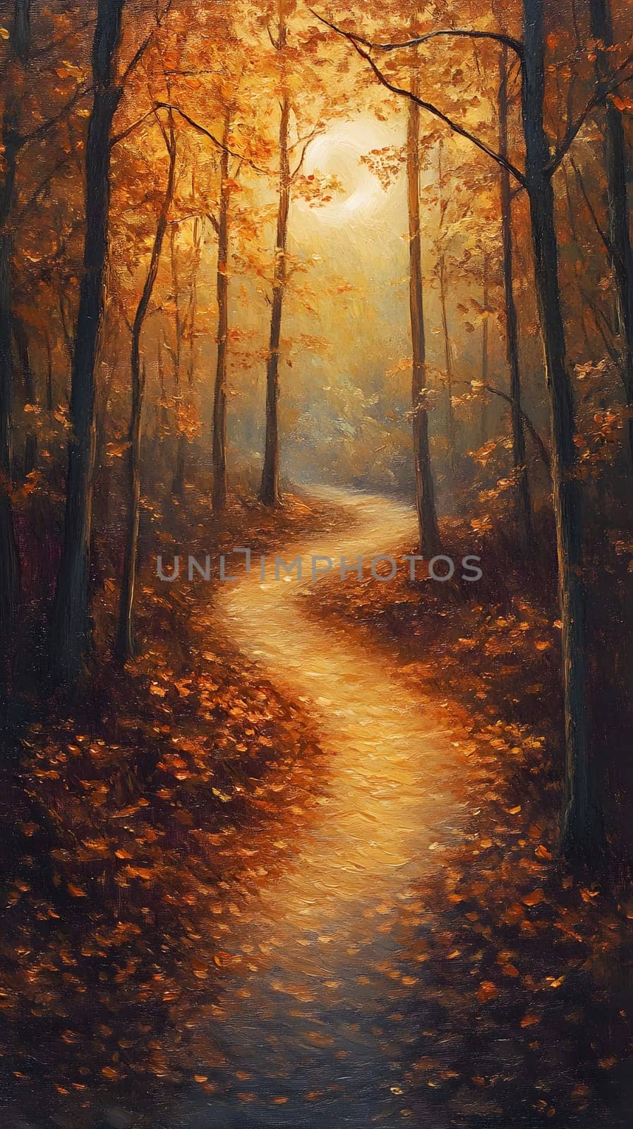 A winding path through a serene autumn forest with golden leaves.