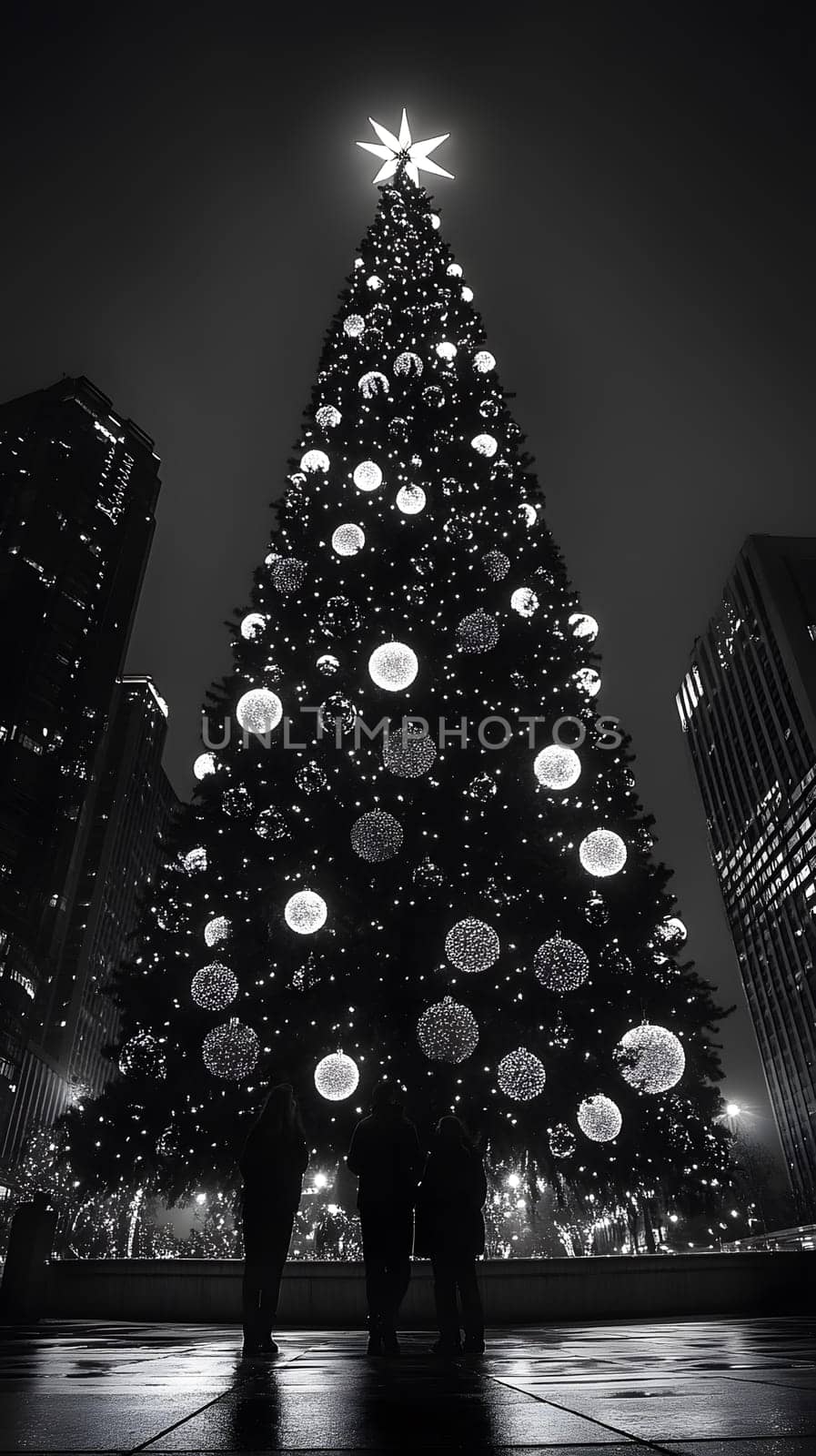 Black and white image of a lit Christmas tree at night.