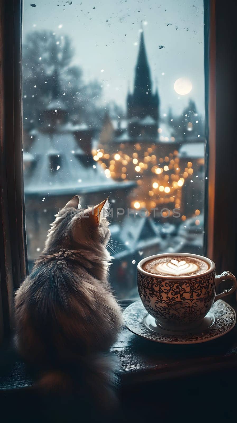 Cozy winter scene with a cat, coffee, and a snowy city view.