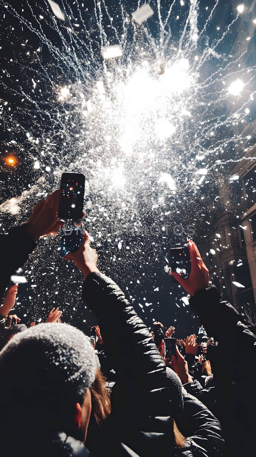 Crowd celebrating with phones raised under falling confetti.