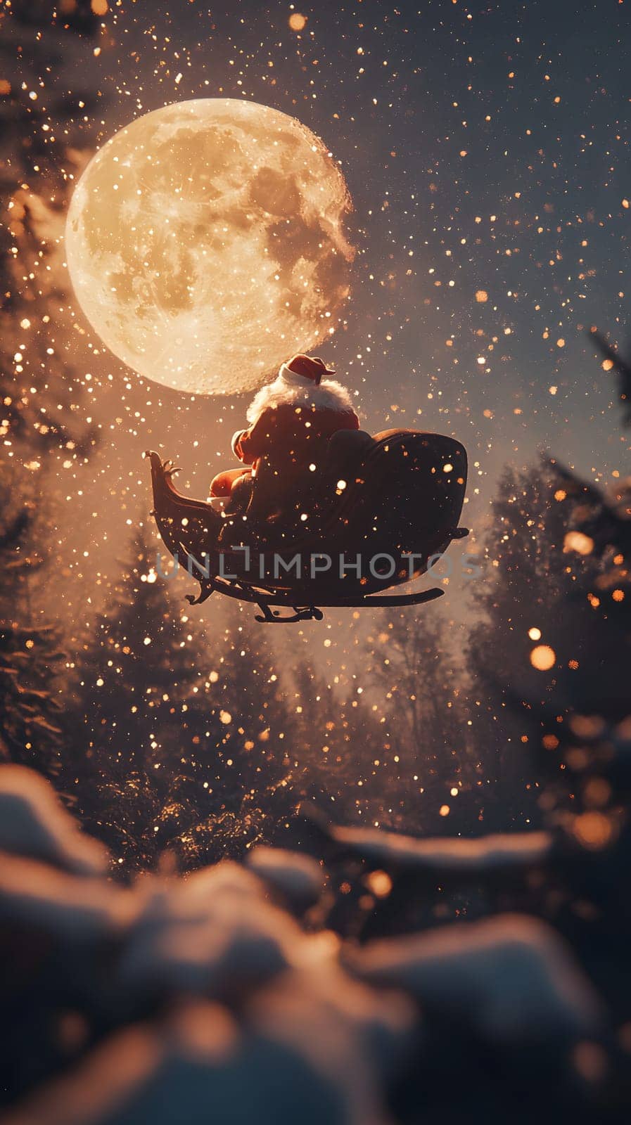 Santa flying in a sleigh under a full moon amidst falling snow.