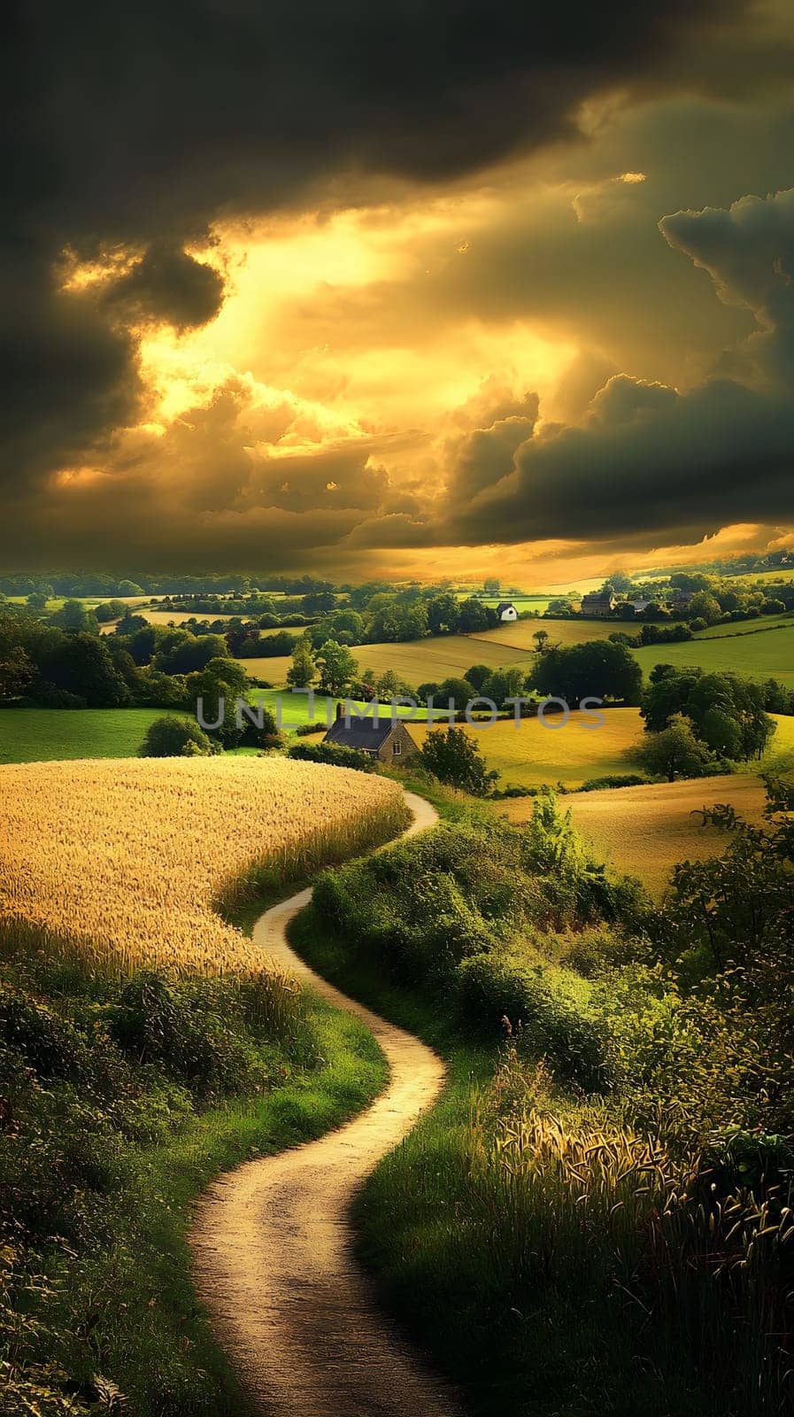 Scenic countryside path winding through fields under dramatic skies.