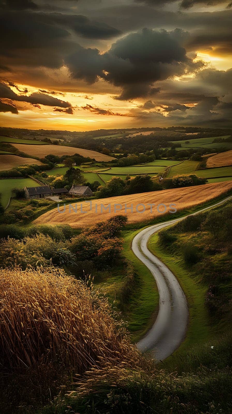 Scenic winding road through fields at sunset with dramatic clouds.