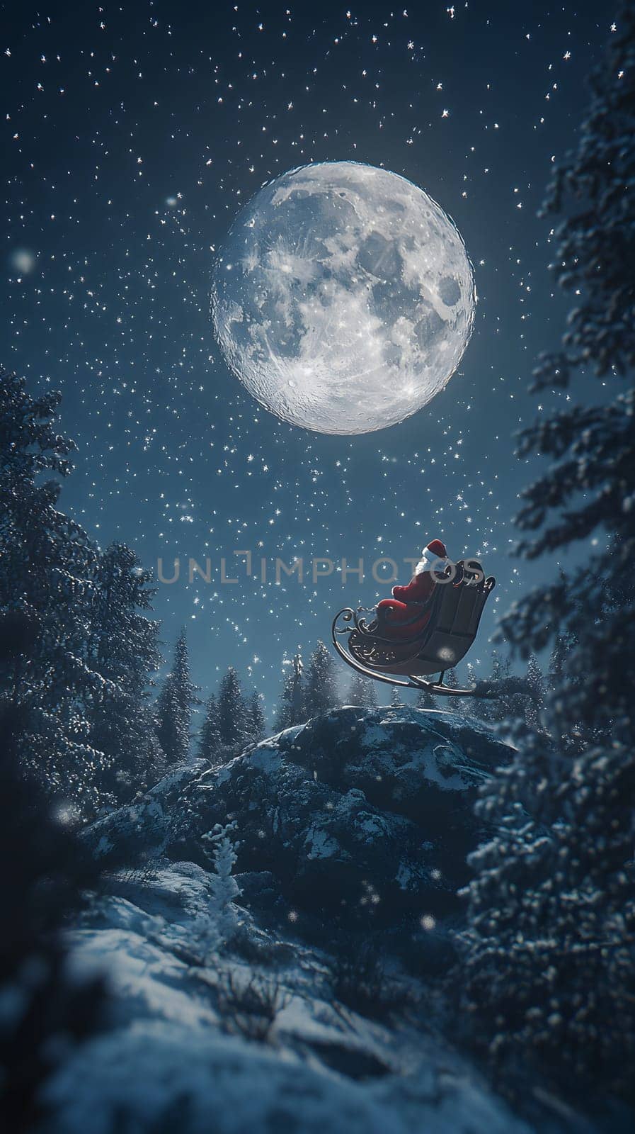 Santa in a sleigh under a full moon amidst falling snow.