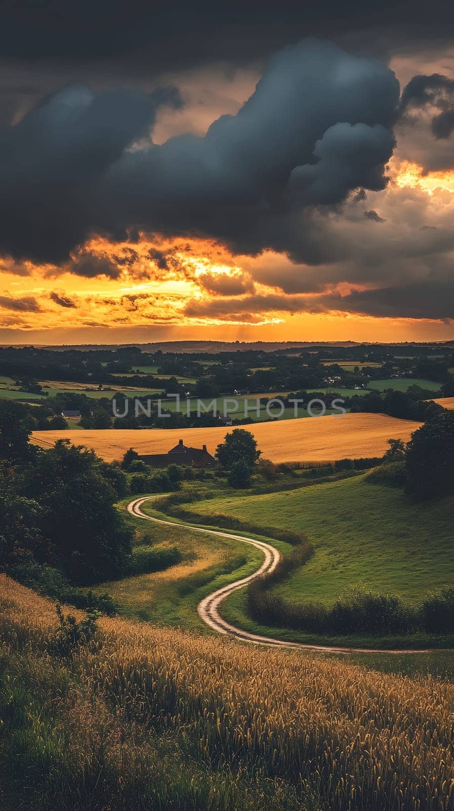 Scenic winding road through fields under a dramatic sunset sky.