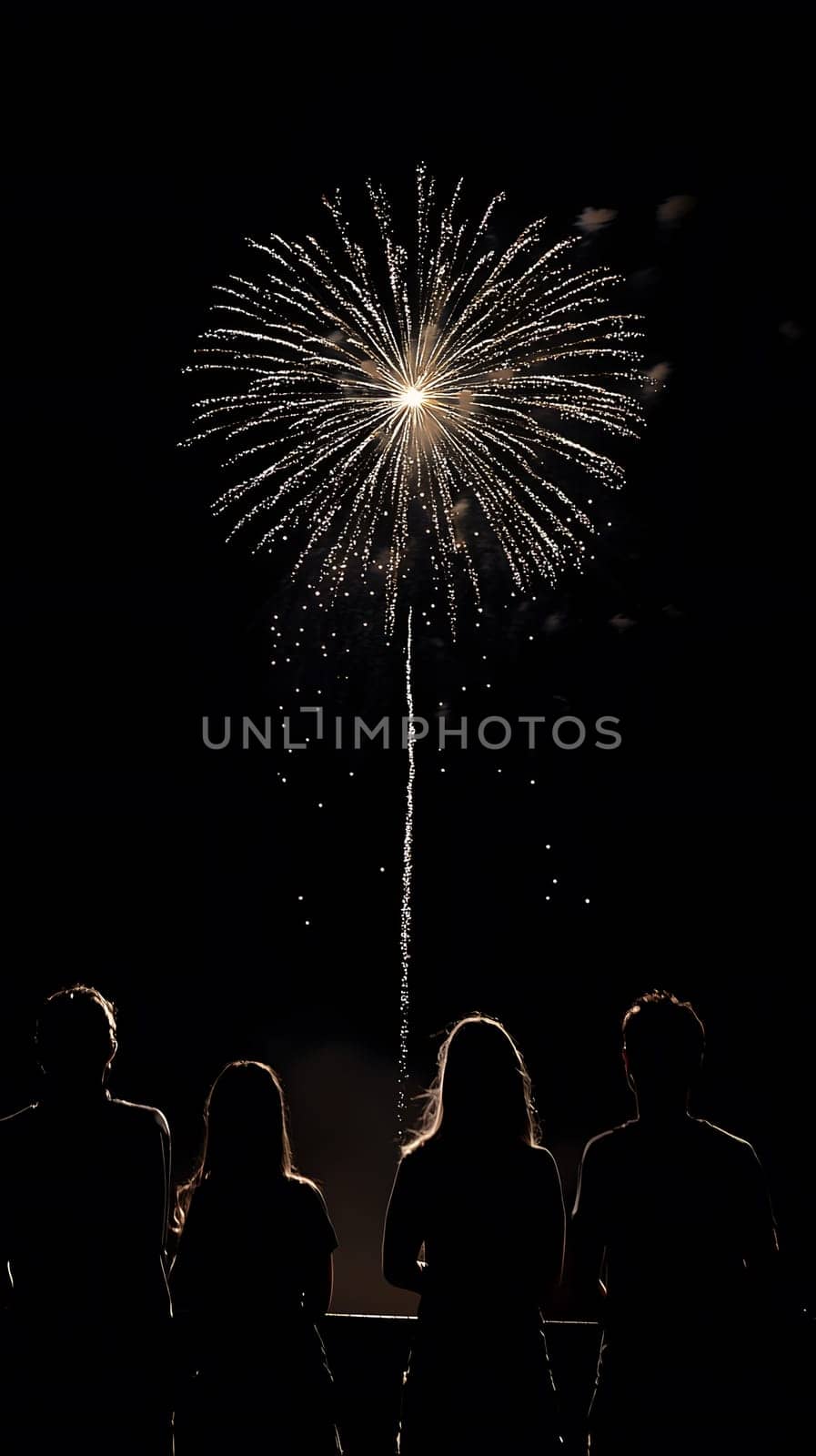 Silhouetted figures watching a vibrant firework display at night.