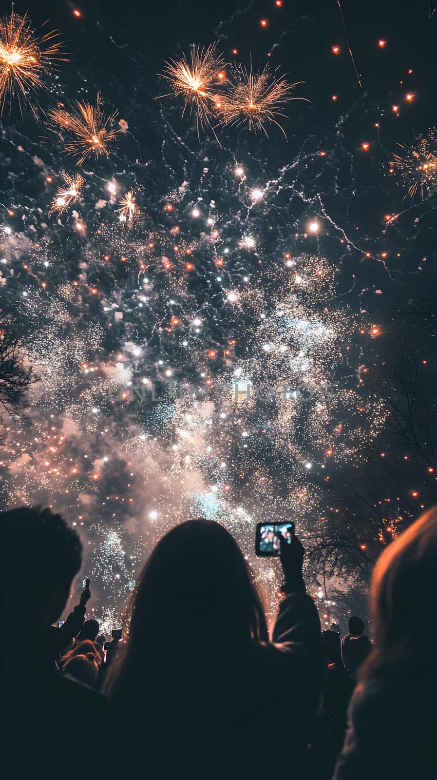 Spectacular fireworks illuminate the night sky, enjoyed by onlookers.