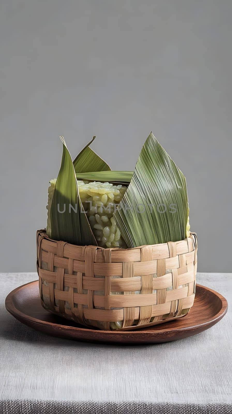 A bamboo basket filled with green rice and wrapped in leaves.