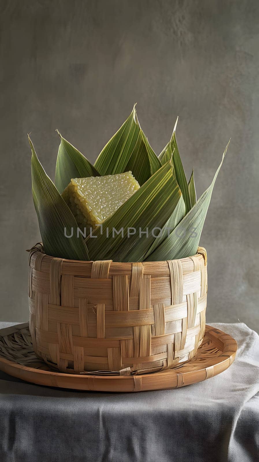 A bamboo basket with green leaves and a block of cheese inside.