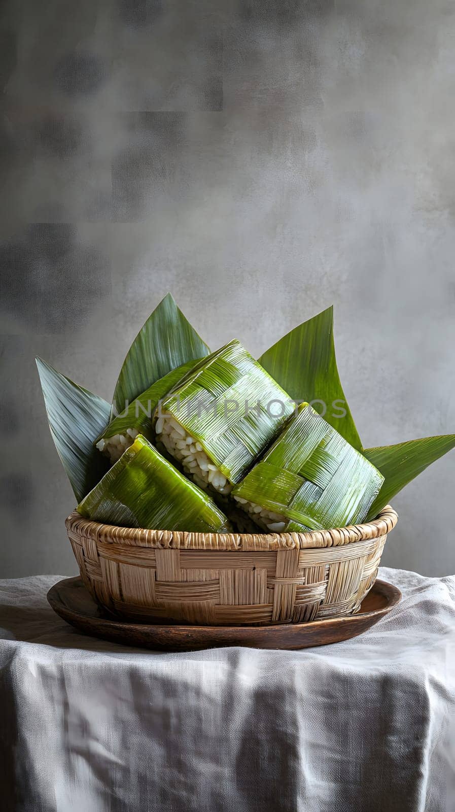 A basket filled with wrapped green rice cakes and leaves.