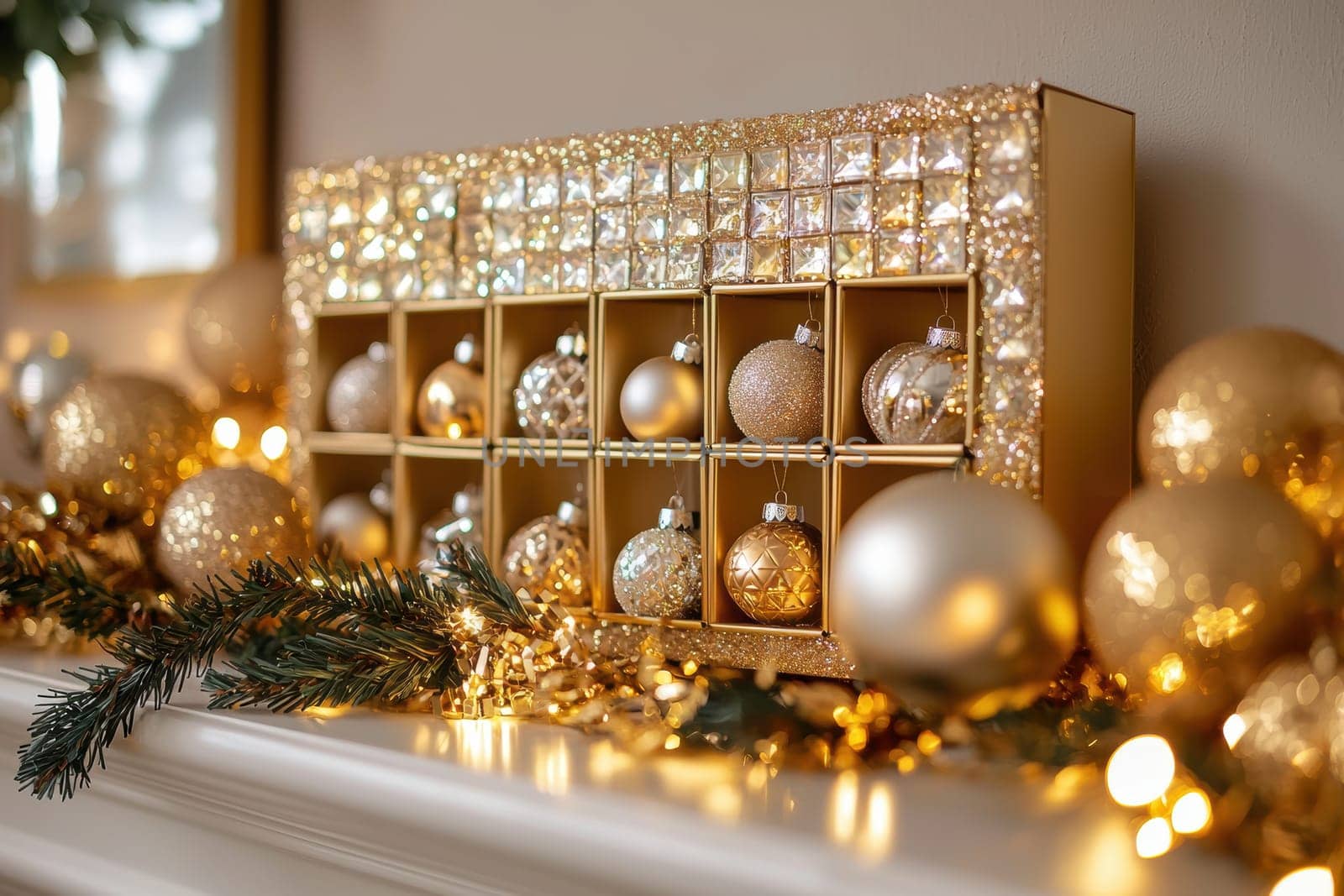 Festive advent calendar featuring compartments filled with sparkling ornaments on a mantle, adorned with golden garlands and fairy lights. a perfect holiday centerpiece with decorative trees and shimmering seasonal accents.