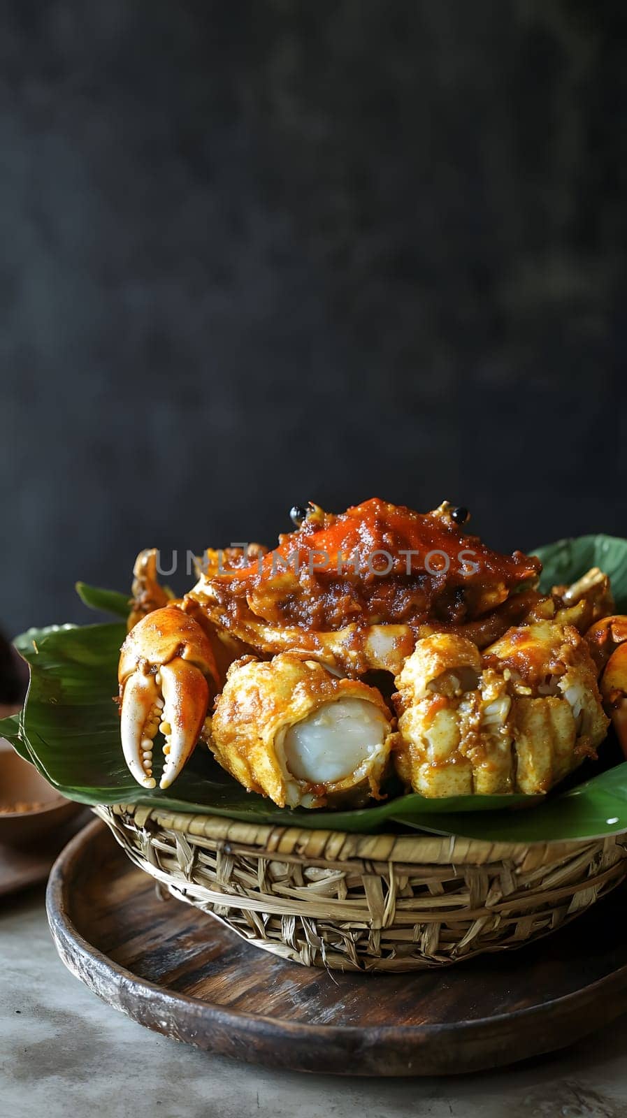 A basket of crab dishes garnished with sauce and leaves.