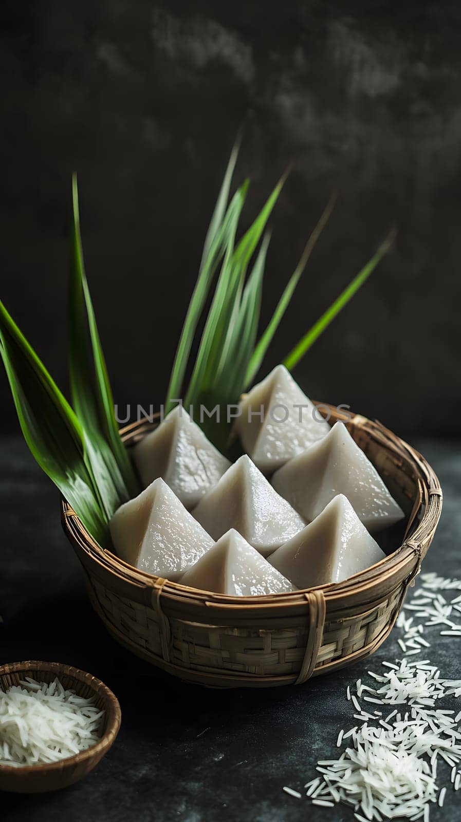 A basket of pyramid-shaped rice cakes with green leaves.