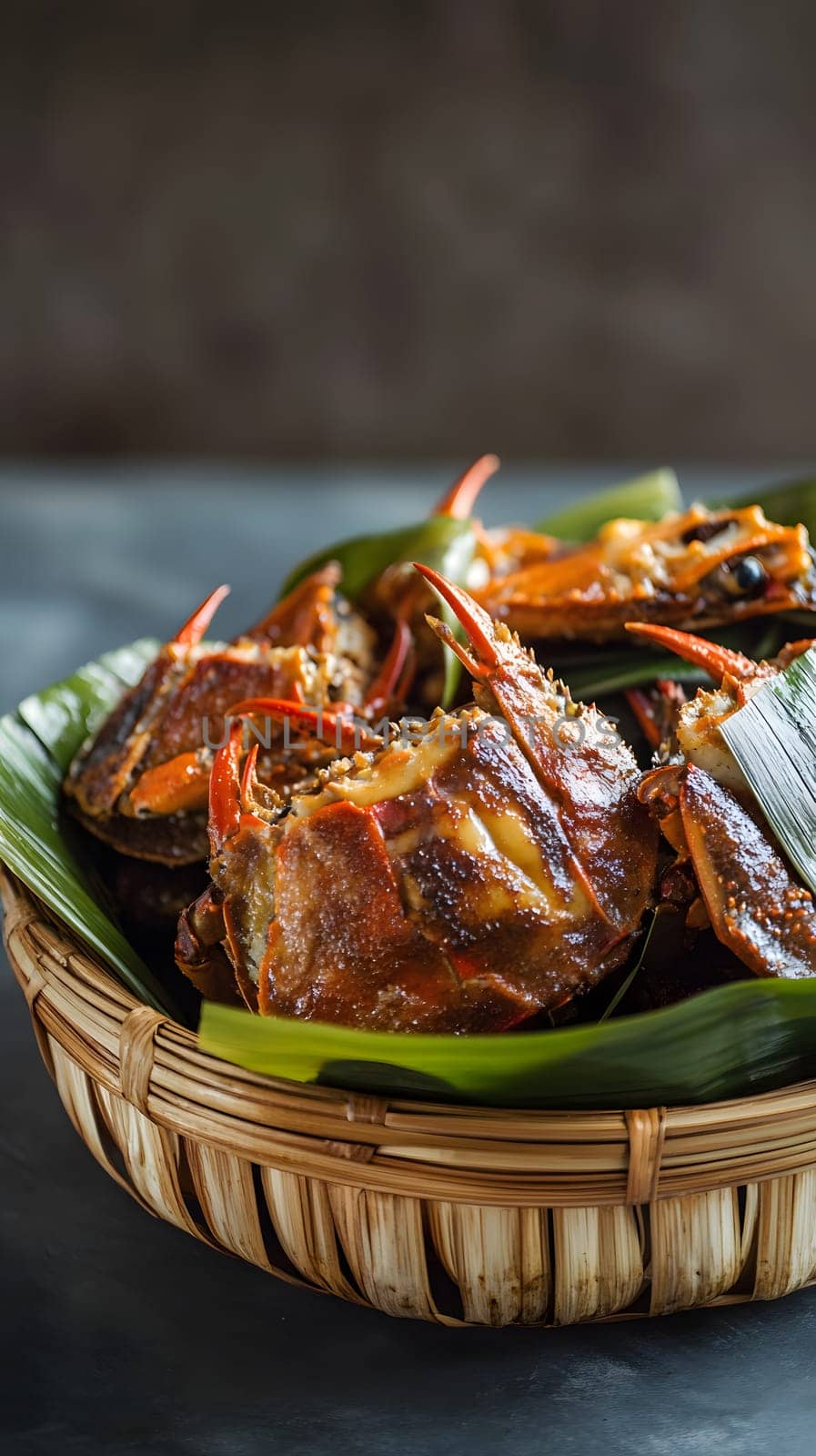 A basket of grilled crabs garnished with herbs and spices.