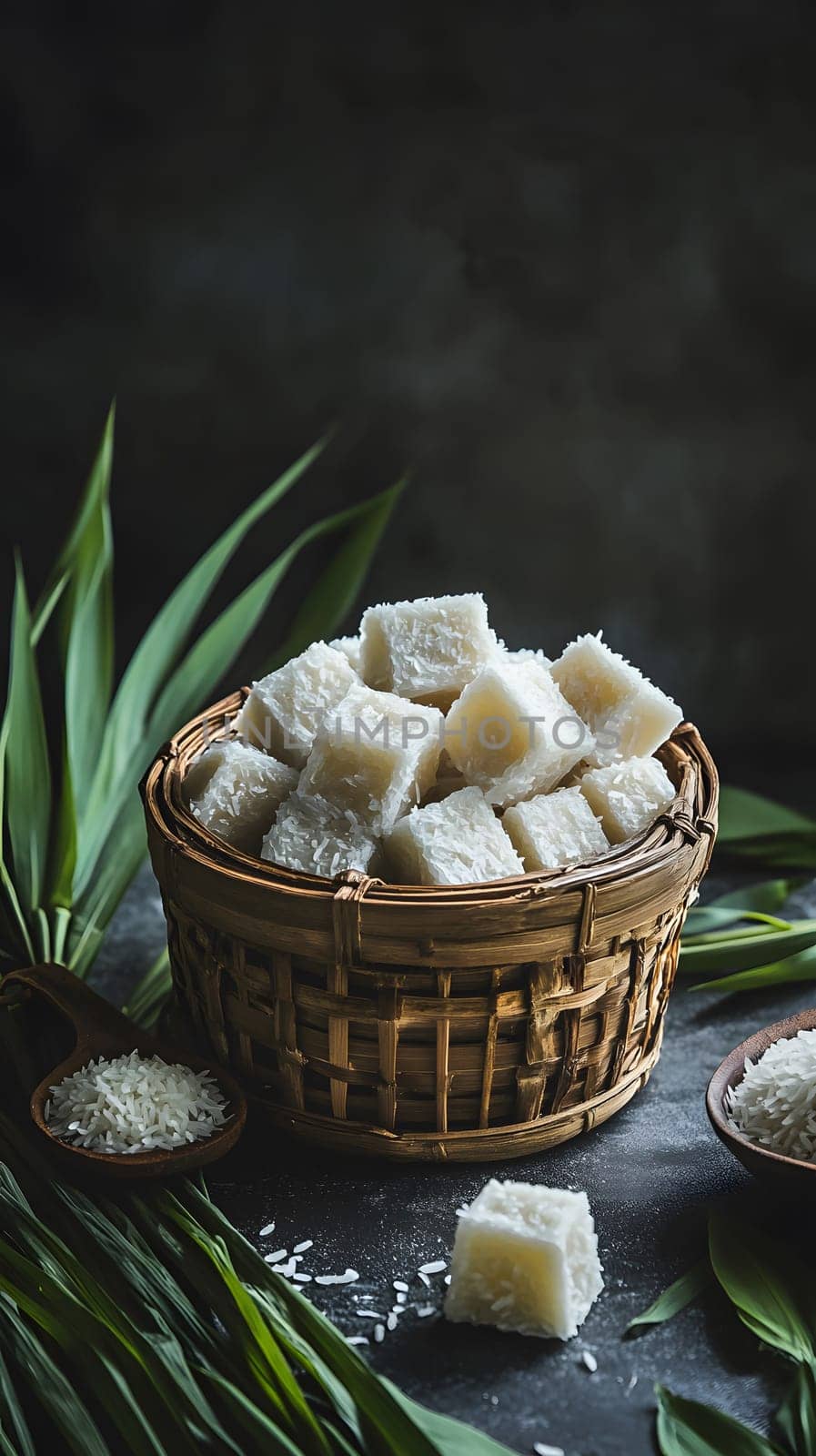 A basket of white cubes, likely a dessert, surrounded by green leaves.