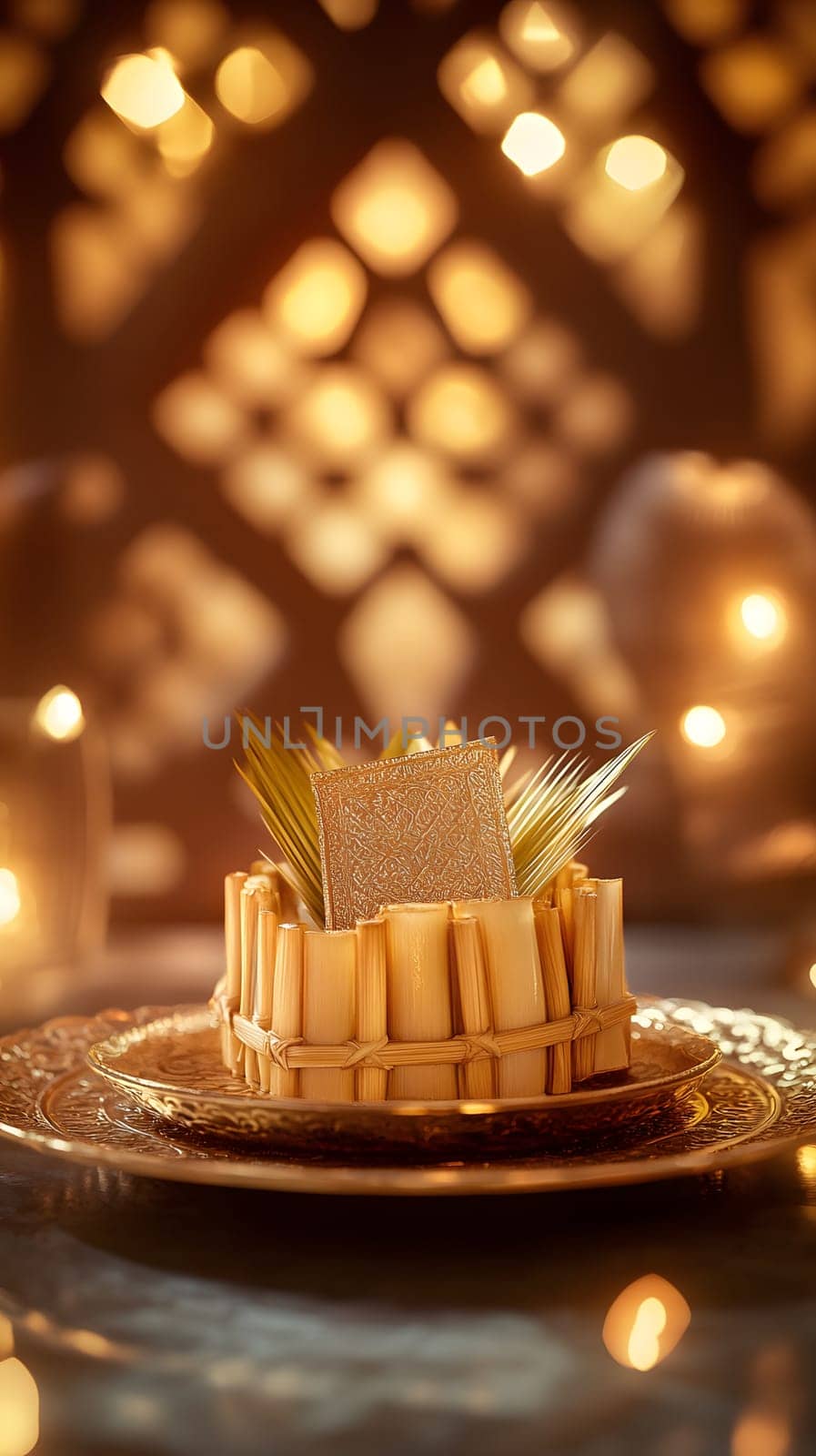 A beautifully arranged dessert with decorative elements and soft lighting.