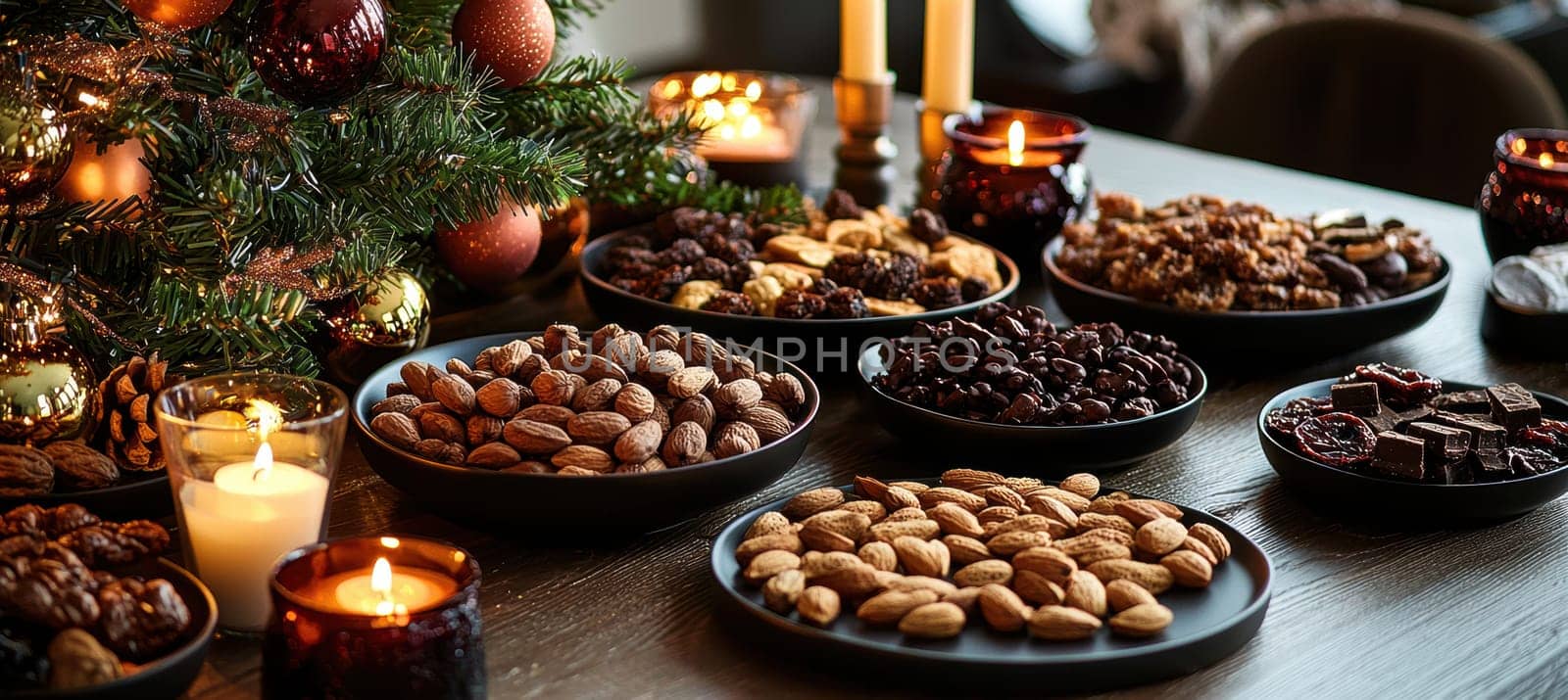 Festive dining table displaying an elegant advent calendar with artisanal snacks including nuts, dried fruits, and chocolates. surrounded by glowing candles and holiday decor, creating a cozy and inviting atmosphere for seasonal celebrations.