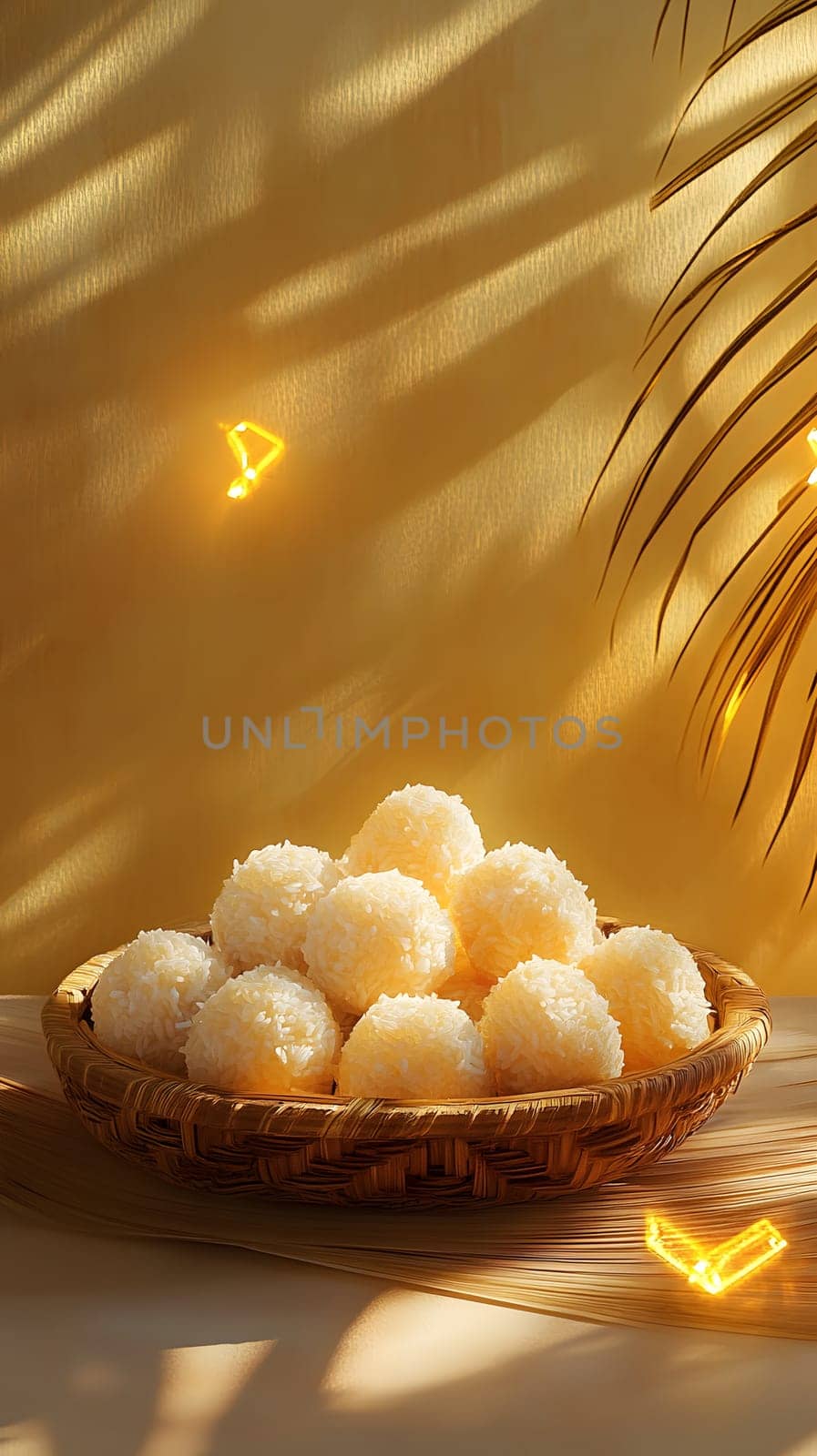 A bowl of sweet, fluffy rice balls on a warm, textured background.