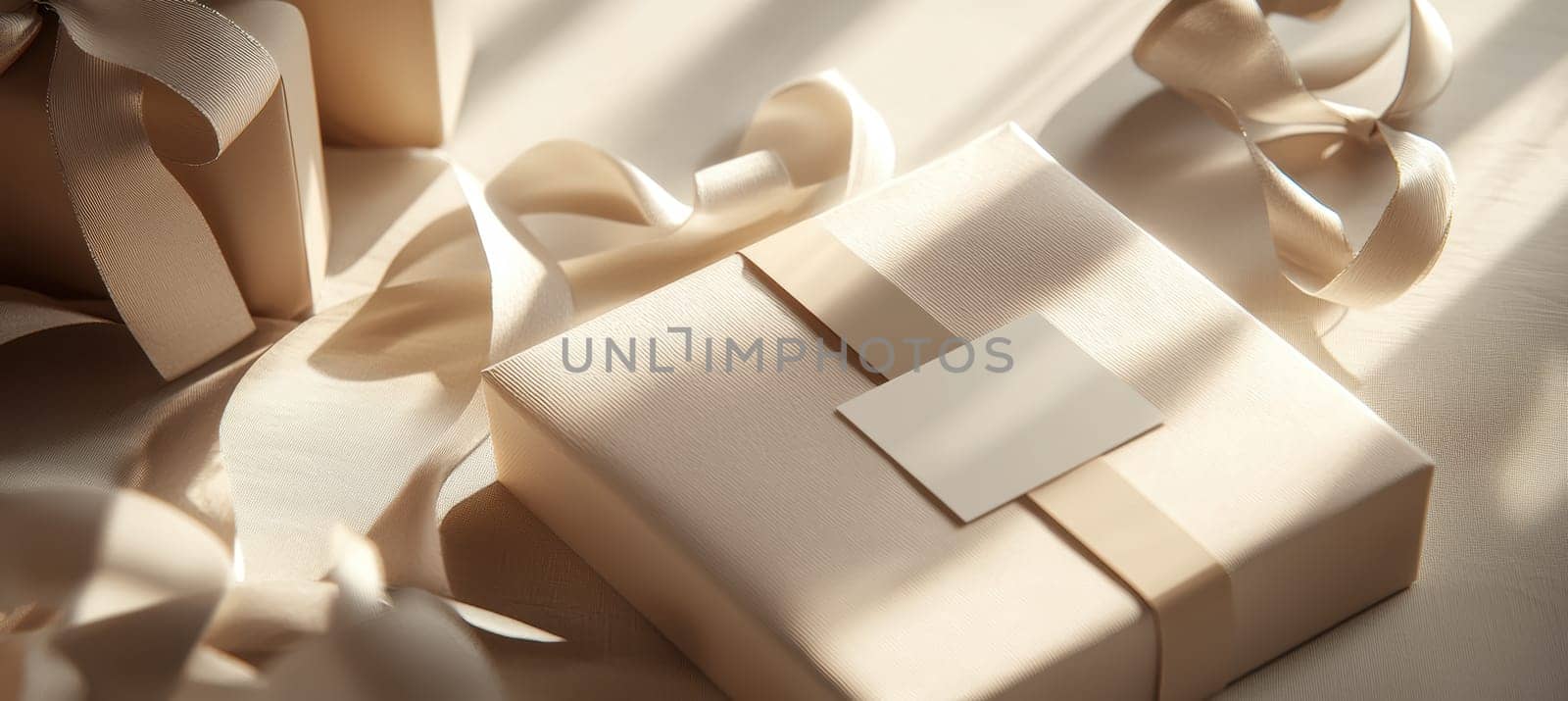 A high-quality mockup showcasing a rectangular sticker on a gift bag, surrounded by sophisticated wrapping paper and ribbons. ideal for branding presentations or holiday packaging concepts, featuring neutral and gold tones.