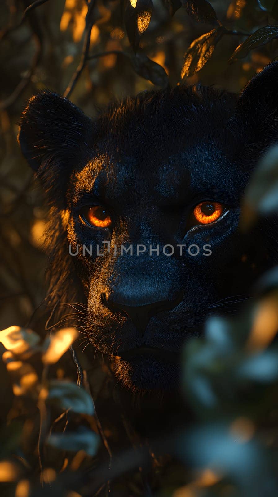 A close-up of a black panther's face among foliage at dusk.