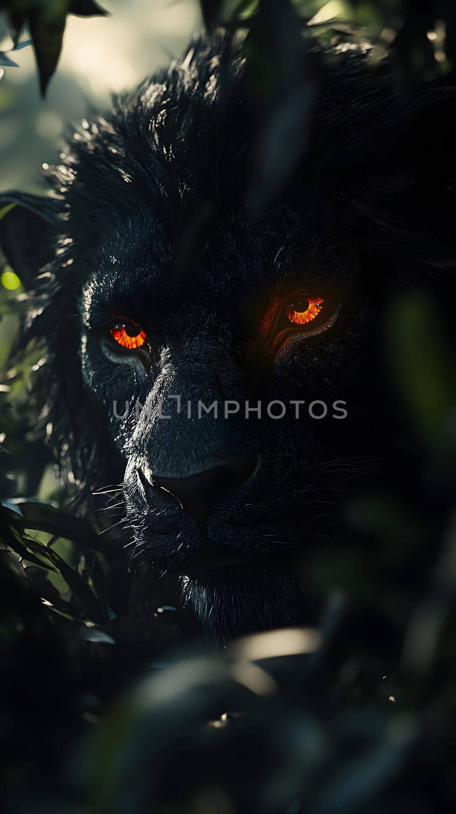 A close-up of a dark lion's face with glowing orange eyes in foliage.