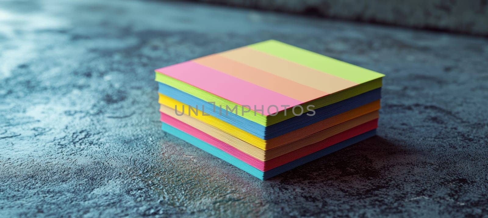A neatly arranged stack of vibrant rectangular stickers sits on a smooth concrete surface. the vivid colors contrast with the rough texture, creating a clean and modern aesthetic ideal for creative design projects and presentations.