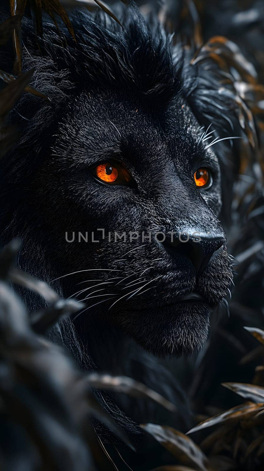 A close-up of a majestic black lion with glowing orange eyes.