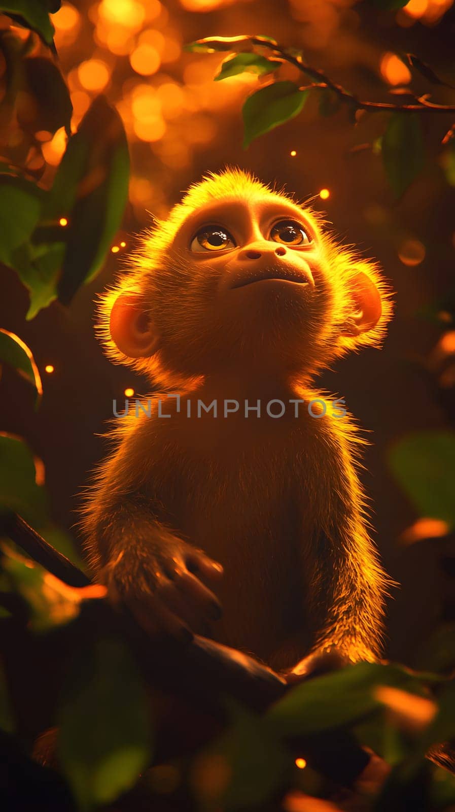 A curious baby monkey gazes thoughtfully amidst glowing foliage.