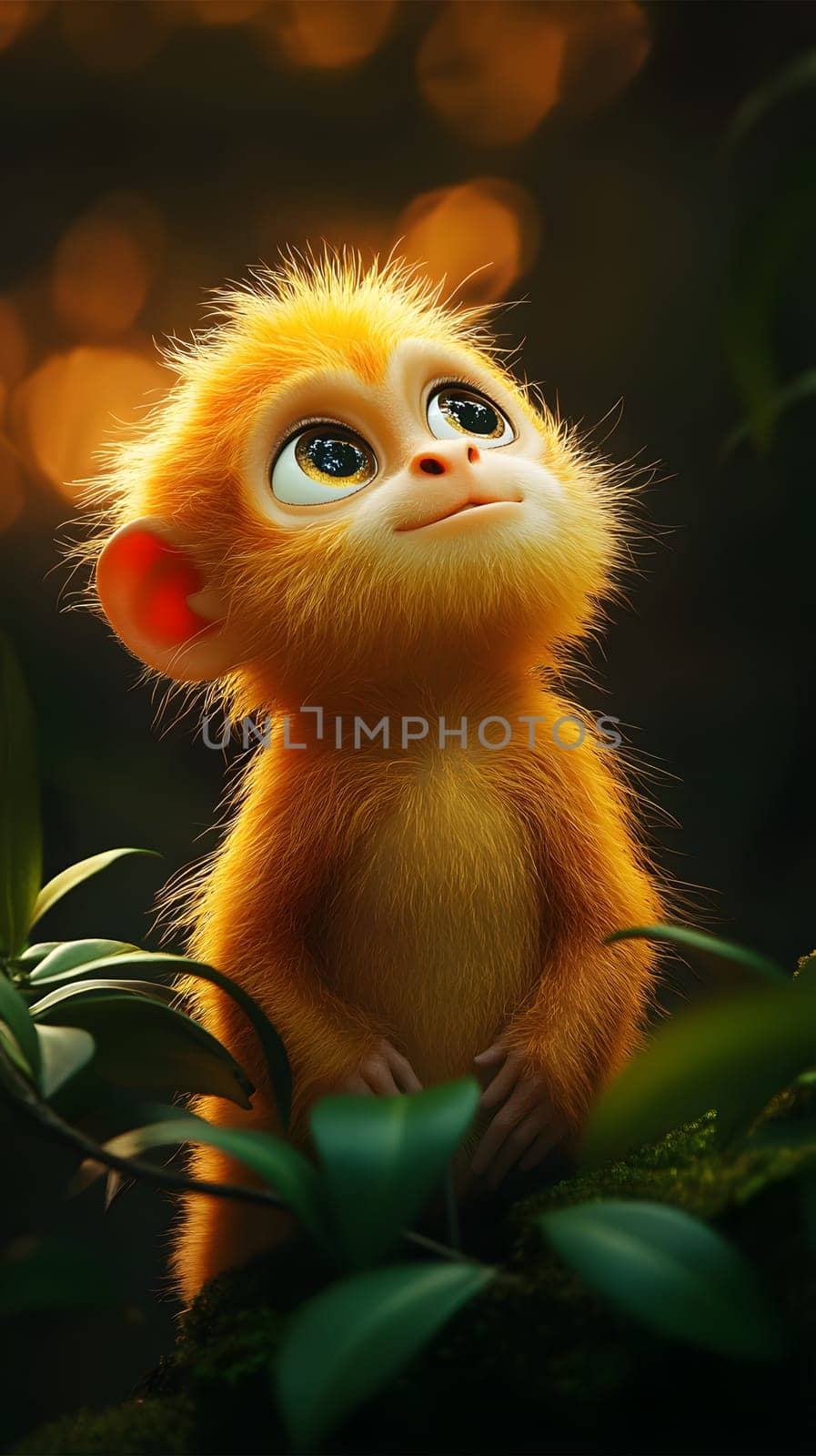 A cute, young monkey gazing thoughtfully among lush greenery.