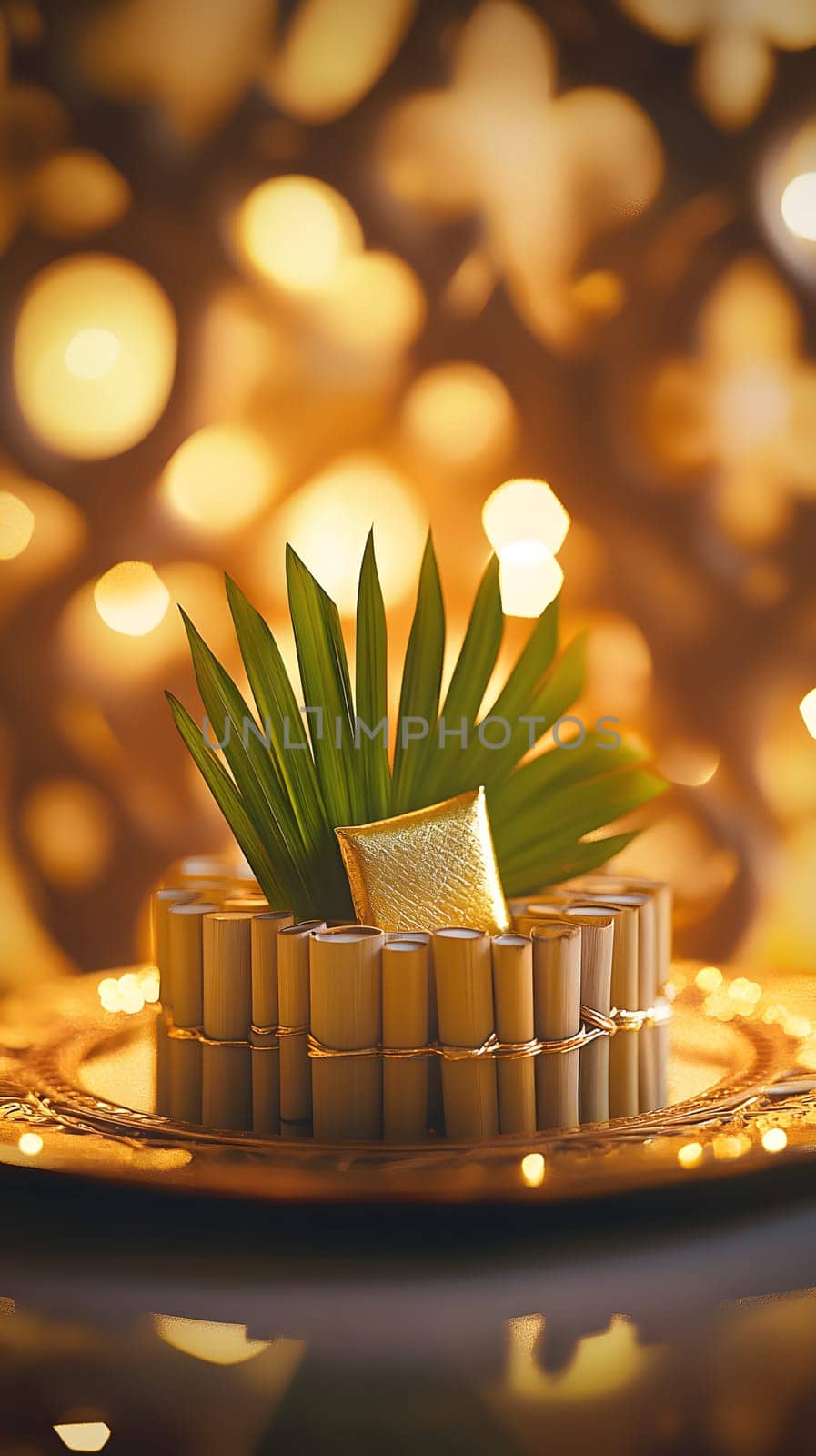 A decorative arrangement featuring a golden item and palm leaves.