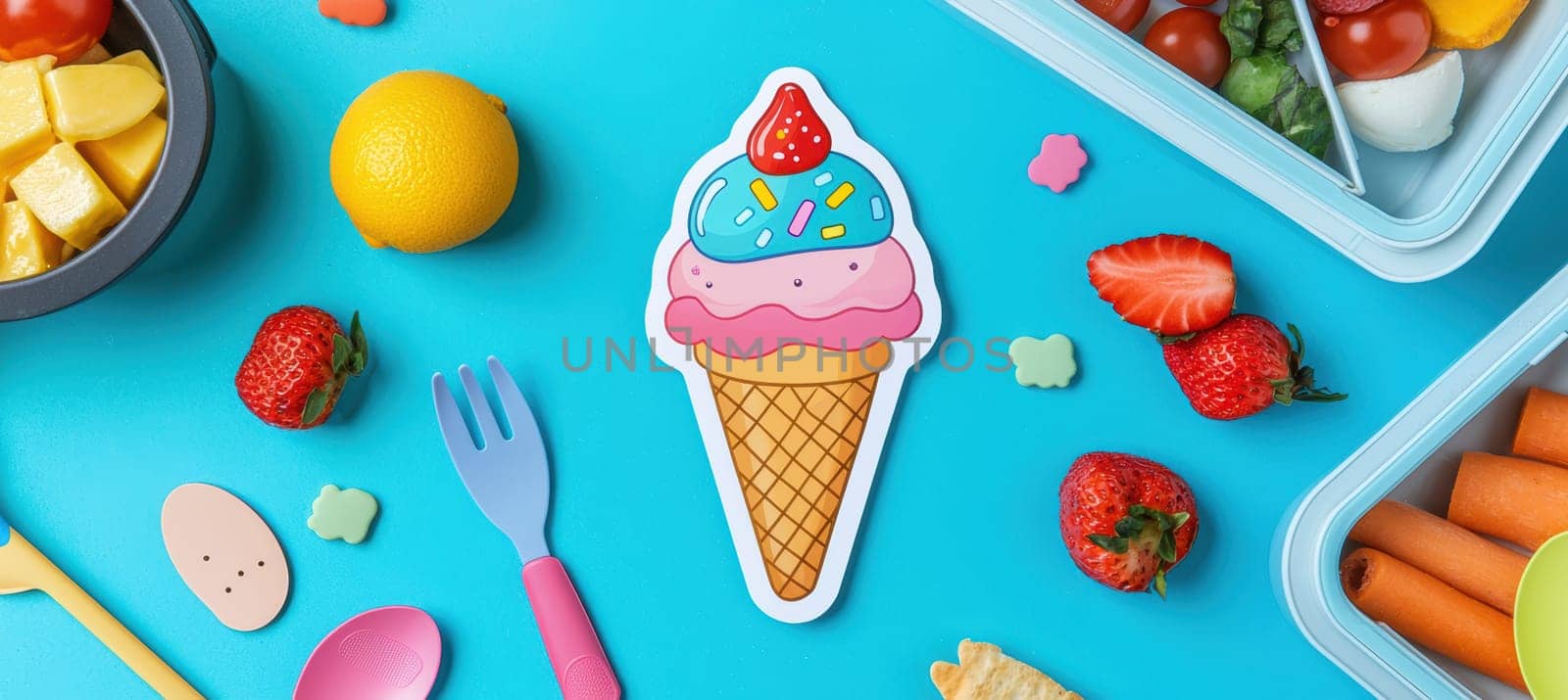 A lively arrangement featuring a die-cut cartoon ice cream cone sticker on a child's lunchbox, surrounded by vibrant food items and utensils. this playful setup embodies fun and creativity in meal preparation and presentation.