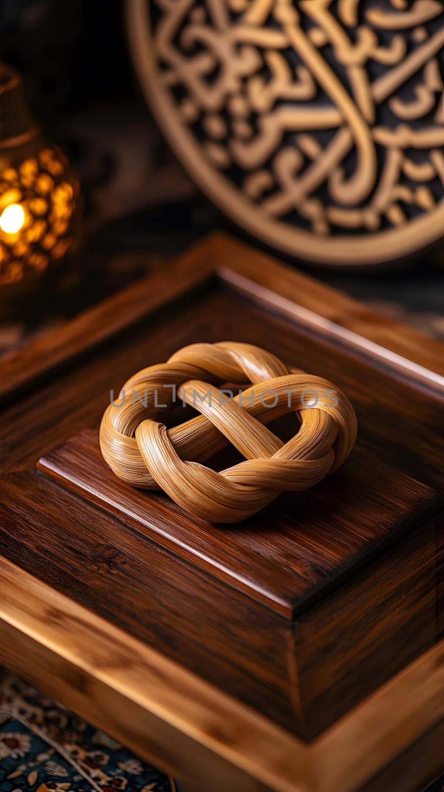 A decorative wooden knot on a textured surface, symbolizing unity.