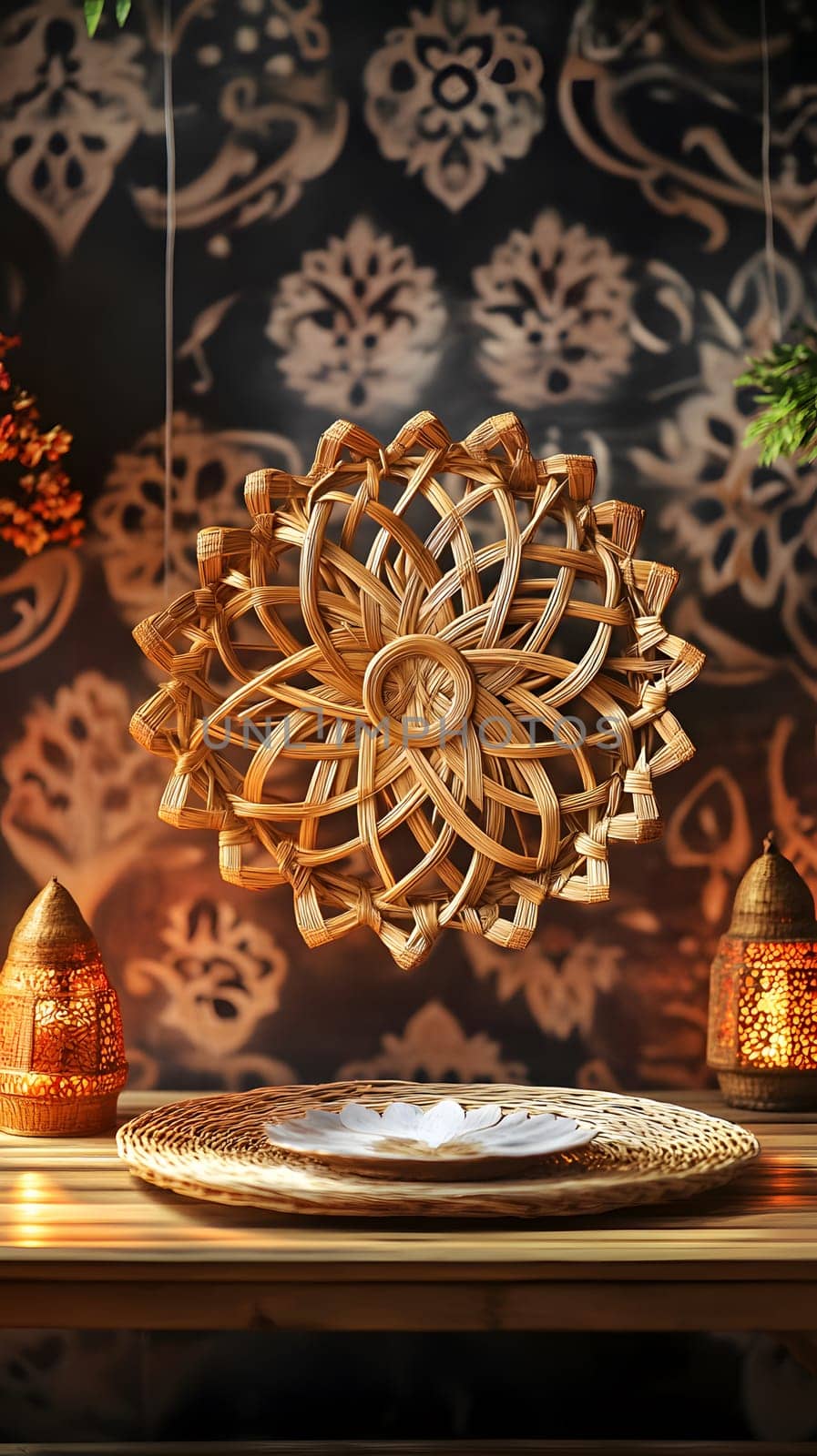 A decorative wooden piece with intricate design and ambient lighting.