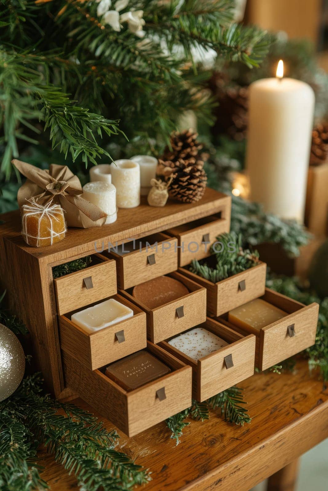 Eco-friendly advent calendar crafted from recycled materials features small drawers filled with handmade soaps and sustainable gifts, artistically displayed on a wooden table adorned with greenery, emphasizing an eco-conscious holiday theme.