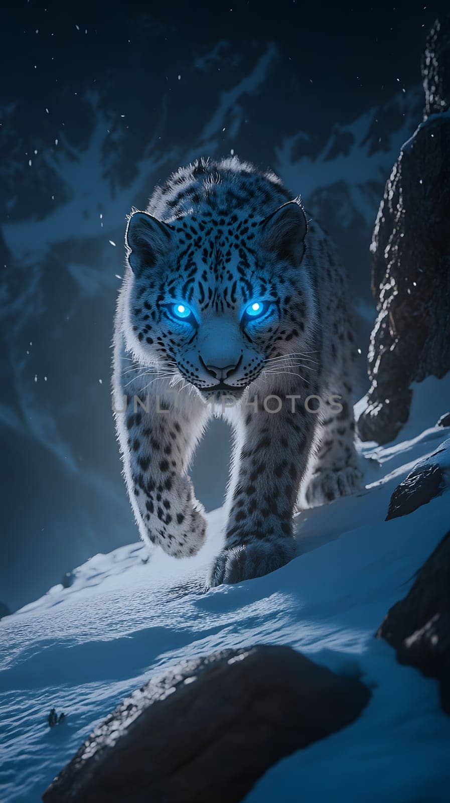 A glowing snow leopard prowls through a snowy mountain landscape.
