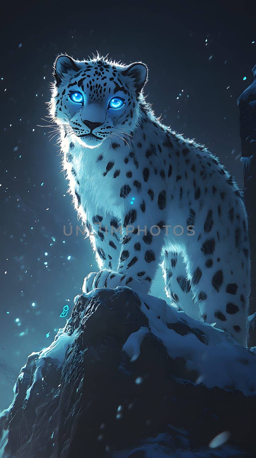 A glowing snow leopard stands majestically on a rock in a snowy landscape.