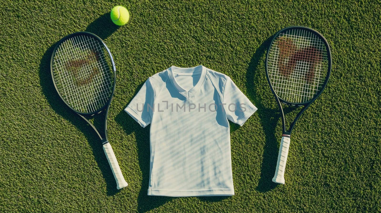 Tennis apparel and accessories arranged on a grass court. includes a jersey flanked by rackets and a tennis ball. ideal for sports branding, emphasizing an outdoor athletic theme with vibrant orange accents.