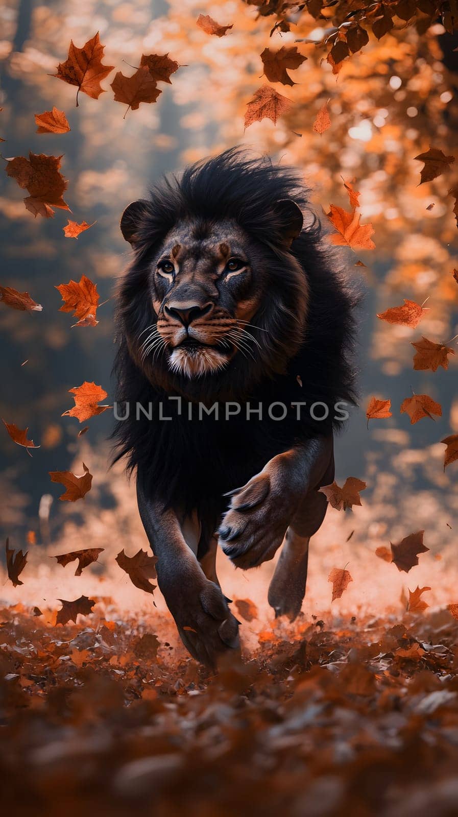A lion running through a forest with autumn leaves falling around.