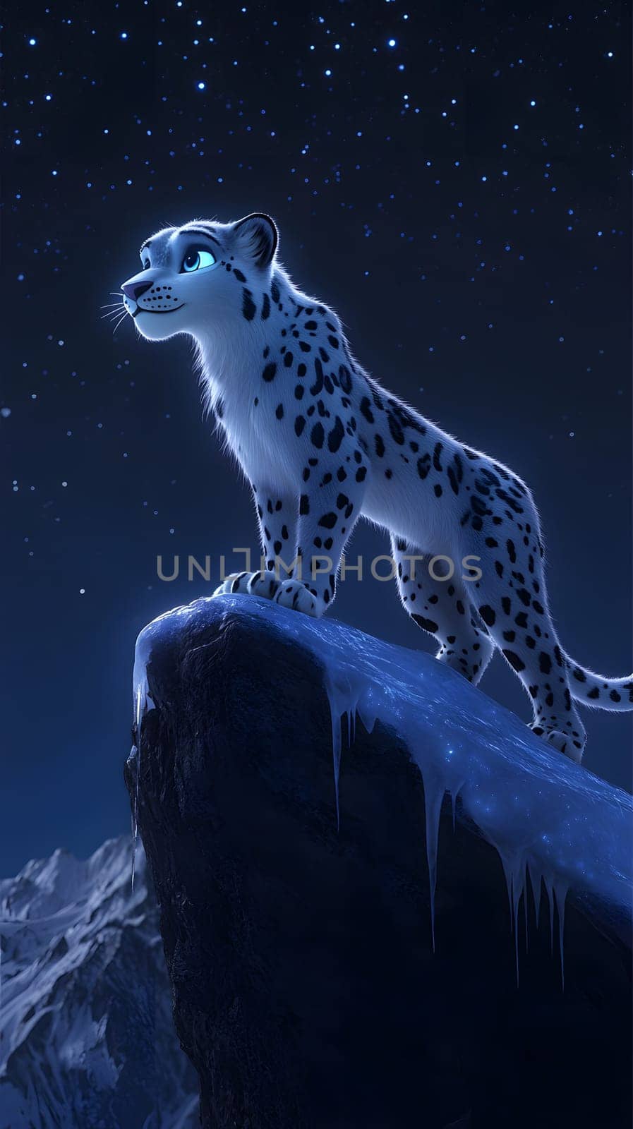 A majestic snow leopard stands on a rocky peak under a starry sky.
