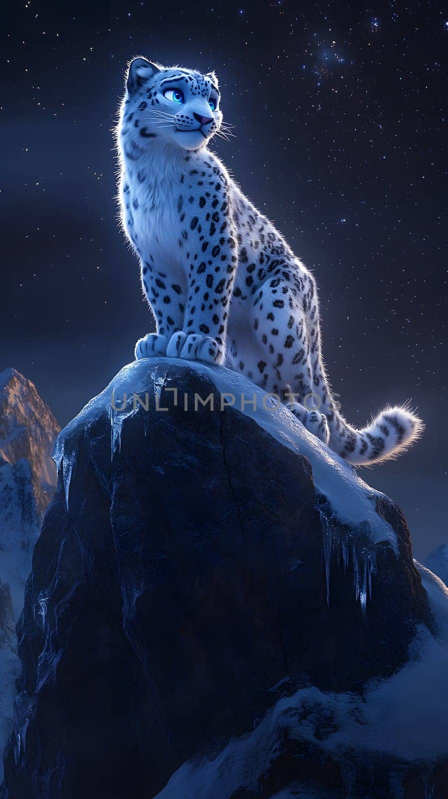 A majestic snow leopard stands atop a snowy mountain peak.